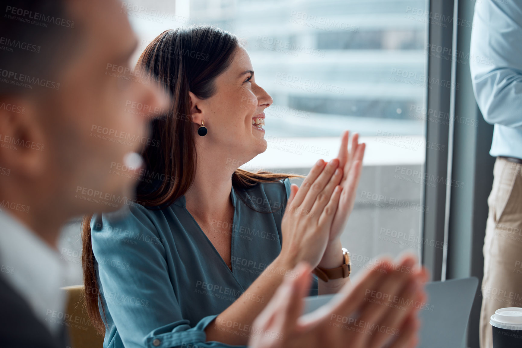 Buy stock photo Applause, business and woman in office for meeting with positive feedback of company growth or achievement. People, clapping hands and happy with celebration for success, good news and agency sales.