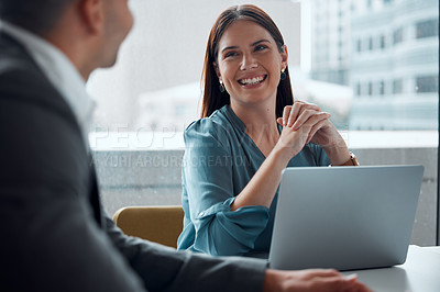 Buy stock photo Business meeting, woman and happy with laptop, working in company office, building or teamwork discussion. Female employee, manager or conversation with executive, ceo or feedback from boss 