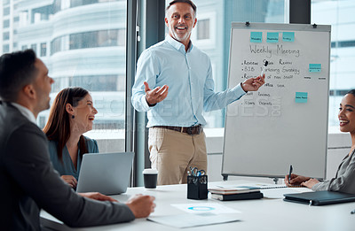 Buy stock photo Senior businessman, happy leader and training presentation or business meeting for sales marketing in office. Teamwork discussion, planning strategy and corporate employee happiness working together