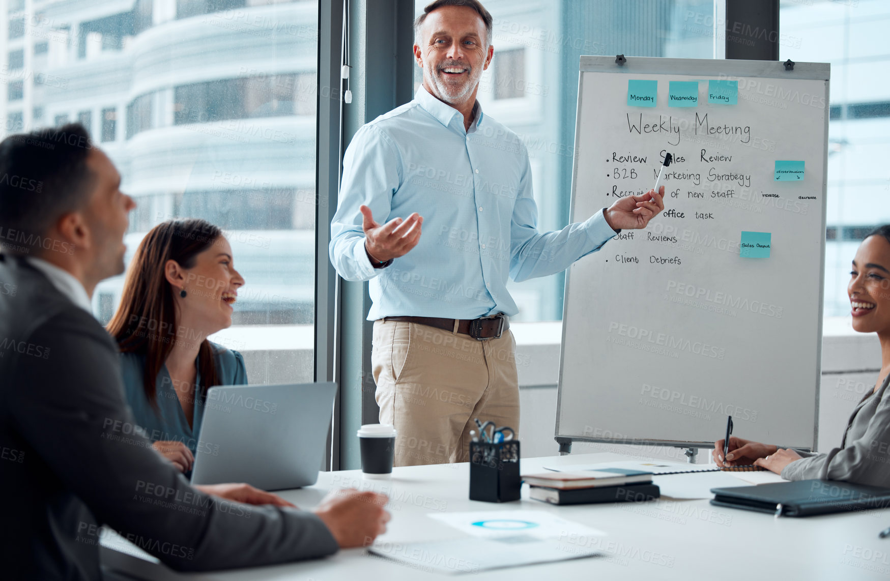Buy stock photo Senior businessman, happy leader and training presentation or business meeting for sales marketing in office. Teamwork discussion, planning strategy and corporate employee happiness working together