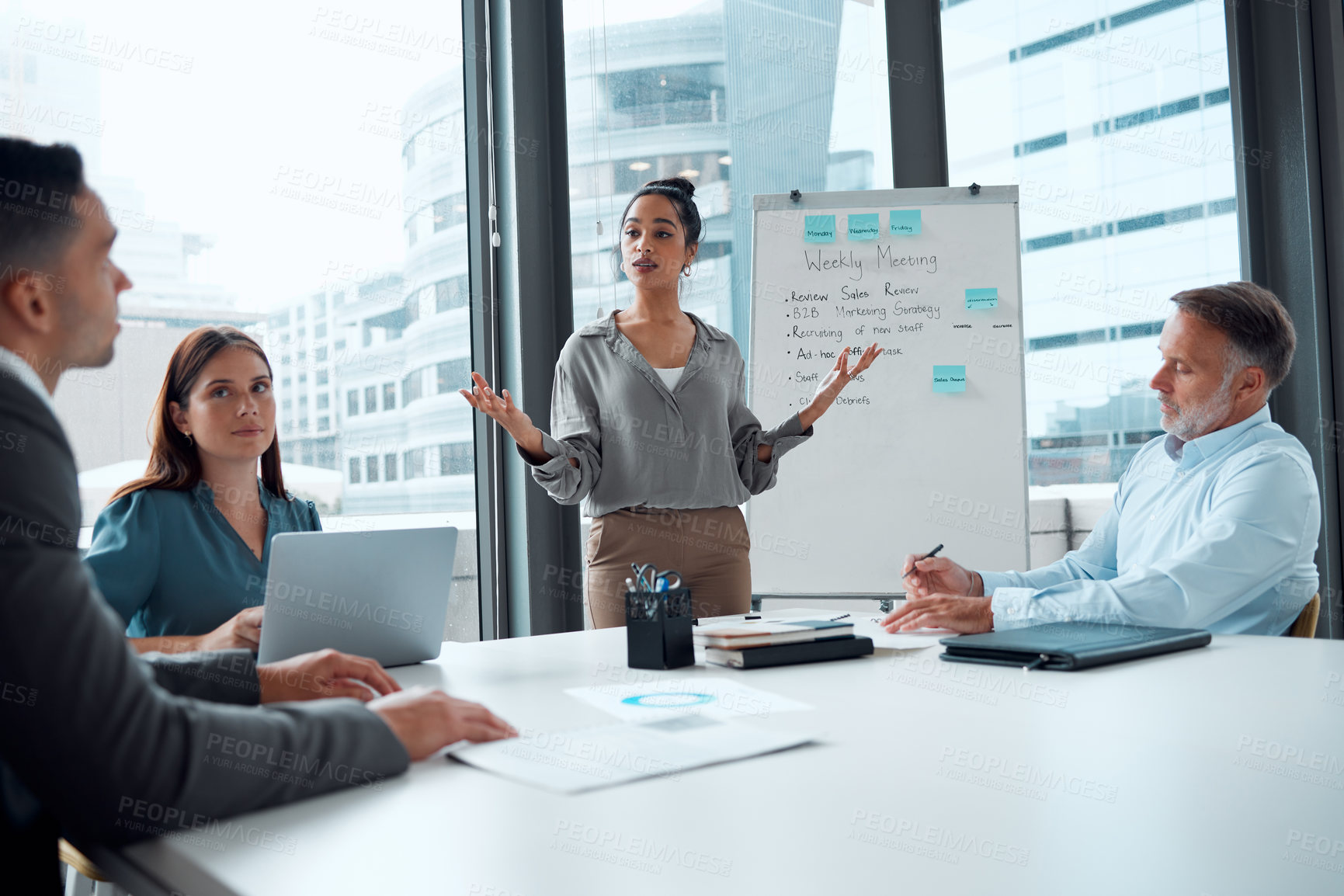 Buy stock photo Black woman, leader talking and group discussion for business meeting, analytics collaboration and marketing management. Business people, african female and growth leadership presentation in office