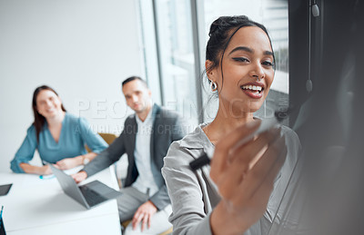 Buy stock photo Office, business woman and writing in glass board for planning, strategy and corporate ideas. Workplace, colleagues and saleswoman with marker for brainstorming, discussion and startup innovation 