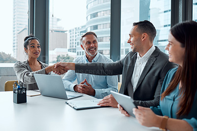 Buy stock photo Business people, handshake and welcome meeting for crm team motivation and hr partnership collaboration in office. Thank you, well done goals and shaking hands for recruitment, hiring and onboarding