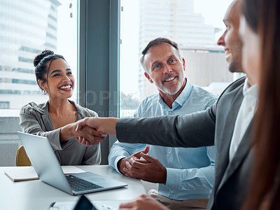 Buy stock photo Handshake, business meeting and teamwork collaboration, b2b conversation or hr hiring in modern office. Company recruitment, business people and congratulations, shaking hands or partnership deal