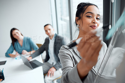 Buy stock photo Office, businesswoman and writing in glass board for planning, strategy and corporate ideas. Workplace, colleagues and sales person with marker for brainstorming, thinking and startup innovation 