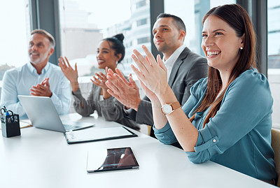 Buy stock photo Applause, business and people in office for meeting with positive feedback of company growth or achievement. Team, clapping hands and happy with celebration for success, good news and agency sales.