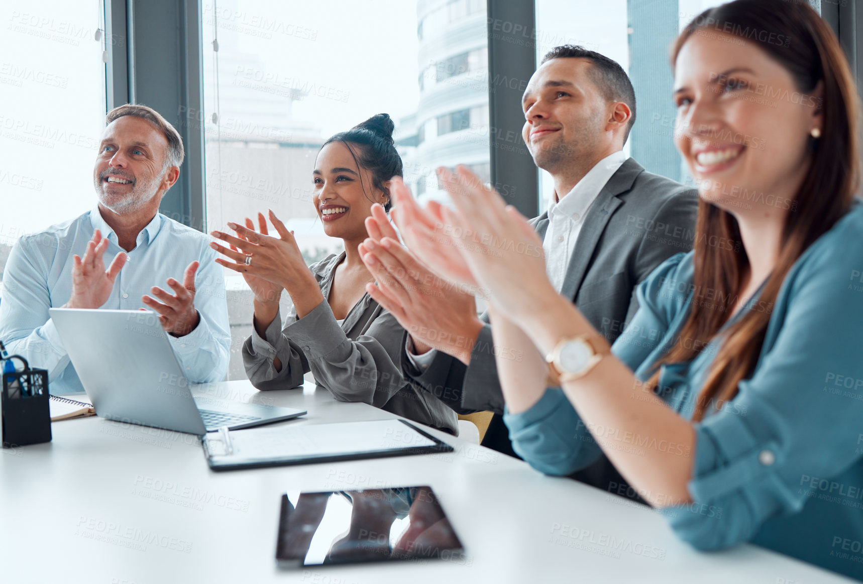 Buy stock photo Applause, business and team in office for meeting with positive feedback of company growth or achievement. People, clapping hands and happy with celebration for success, good news and agency sales.