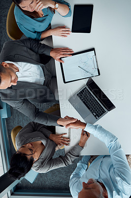Buy stock photo Business people, handshake and laptop for top view meeting, partnership deal and b2b interview collaboration in office. Contract, onboarding celebration and shaking hands for agreement or welcome