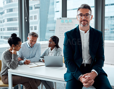 Buy stock photo Portrait, leadership and business man, ceo or entrepreneur in office meeting, company and team. Corporate professional, executive and mature manager with confidence, pride and working with experience