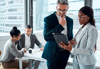 Buy stock photo Tablet, business people and discussion with ceo, planning or collaboration. Technology, teamwork and black woman with mentor in conversation, communication or research, strategy or talking in meeting