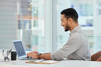 Buy stock photo Laptop, happy and business man typing for research, analytics and reading data in office. Computer, graphs and smile of professional with statistics, info and financial advisor working on project