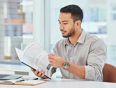 Buy stock photo Office, businessman and reading document for corporate project, report or contract agreement. Professional, career and hr manager with paperwork to sign in workplace, information or business proposal