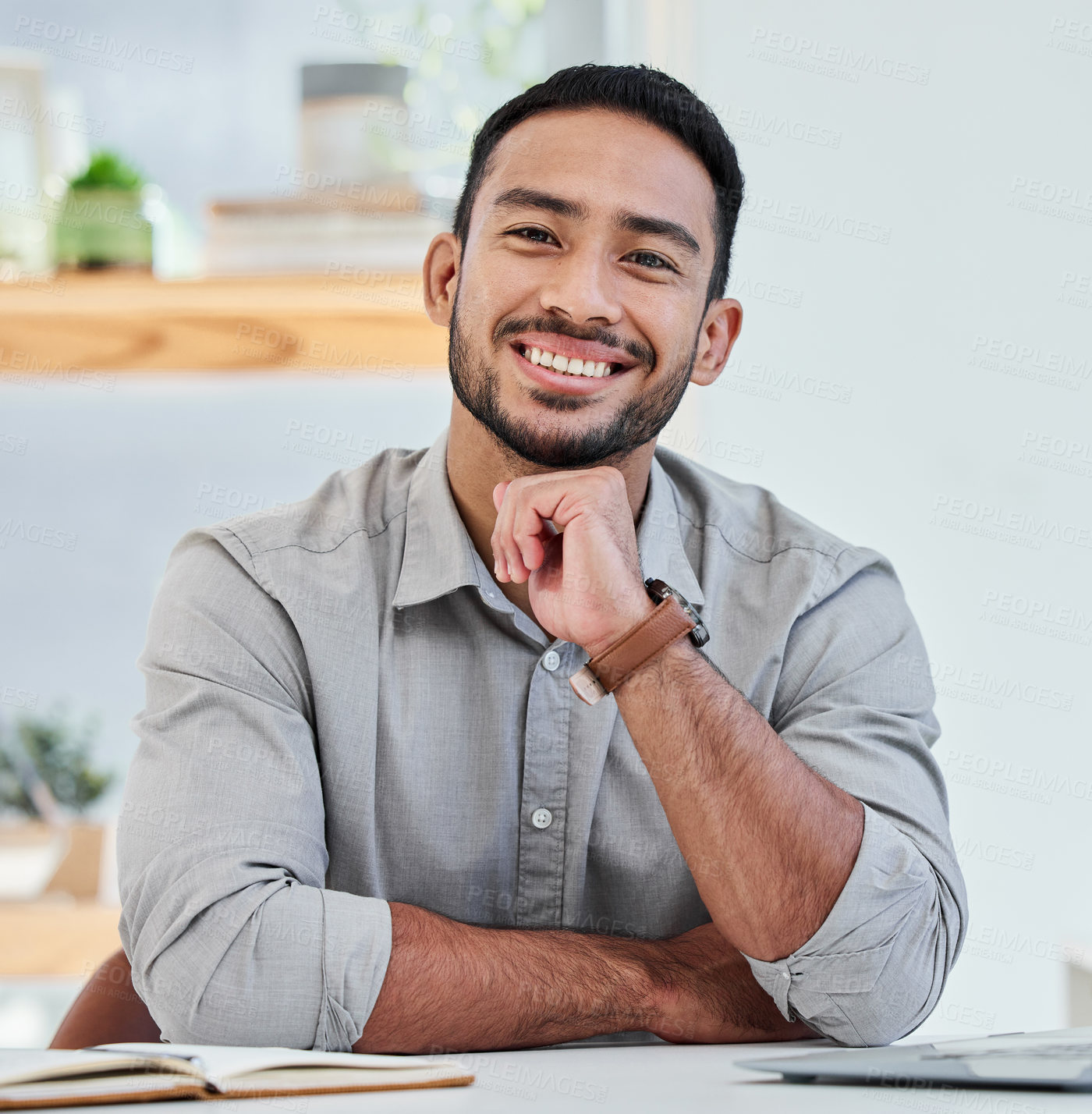 Buy stock photo Office, portrait and business man on break from working, planning and dealing with corporate project. Professional, career and sales person with smile for relaxing, resting and excited for weekend