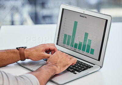 Buy stock photo Hands of man, laptop and screen with graphs for business financial, statistics or company performance. Professional, career and data analyst with computer to work online or analyse results in office