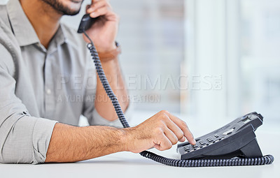 Buy stock photo Desk, hands and telephone with business man in office for communication, networking or reception. Agency, contact and landline phone call with consultant employee or switchboard operator at table