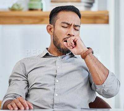 Buy stock photo Man, yawn and tired in office with fatigue or overtime on desk, exhausted and employee with deadline. Company, business and sleepy from administration work as interior designer, creative and burnout