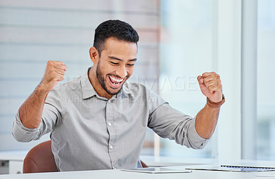 Buy stock photo Tablet, winner or businessman with celebration for success, achievement and happy for business growth in corporate career. Winning, yes and financial advisor with expression for good news or excited 