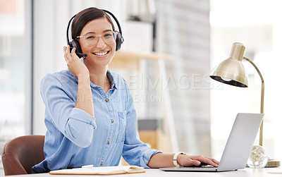 Buy stock photo Call center, portrait and woman employee with a smile from customer service and web help. Online consultation, happiness and crm consultant with internet support and laptop for agent consulting