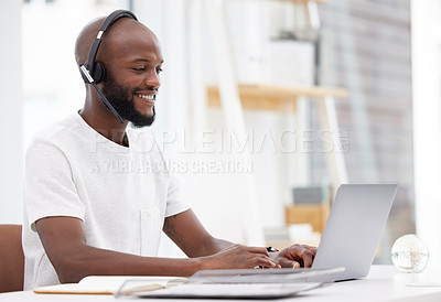 Buy stock photo Telemarketing, laptop and black man with headset in office for CRM, customer service or voter helpline. Call center, smiling and consult agent with computer for happiness, assistance or contact us