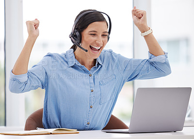Buy stock photo Excited, happy and woman with laptop in call center for telemarketing, sales target and bonus. Success, celebration and consultant with digital tech for promotion, CRM achievement and telecom deal
