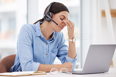 Buy stock photo Business, laptop and woman with a headache, burnout and medical problem in the workplace. Female person, employee and agent with a migraine, pc and health issue with pain, fatigue and tech support