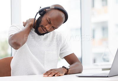 Buy stock photo Man, call centre and headset with neck pain, office and customer support at desk. Hurt, inflammation and muscle strain on spine with ache, telemarketing agent and medical problem for male person