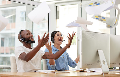 Buy stock photo Excited, happy and business people with paper in air for sales target, victory and bonus. Call center, celebration and consultant with tech for promotion, telecom achievement or success in crm deal