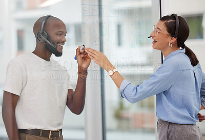 Buy stock photo Colleagues, planning and call centre on glass in office, writing and calendar for scheduling. Headset, contact us and crm agent for collaboration on business agenda, laugh and employee or consultant
