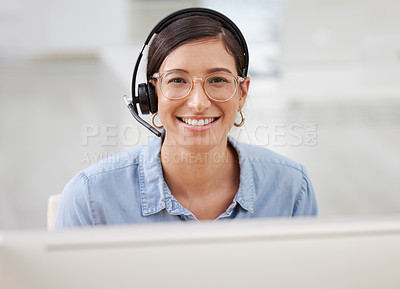 Buy stock photo Call center, happy portrait and woman worker with a smile from customer service and web help. Online telemarketing, happiness and crm consultant with internet support and pc for agent consulting