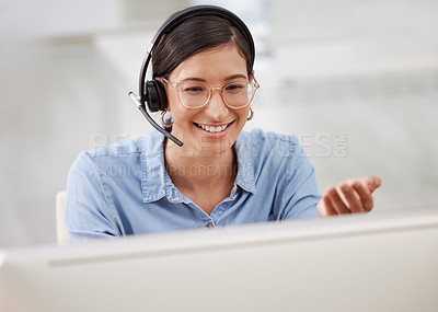 Buy stock photo Headset, computer and woman talking as call centre employee, communications and support or customer service. Technology, smile and office for virtual help, business sales or telemarketing and CRM