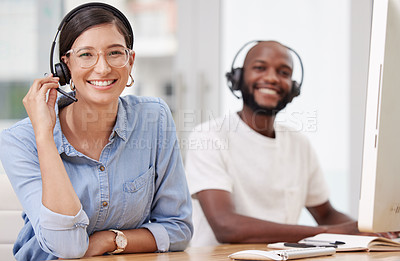 Buy stock photo Colleagues, call centre and woman portrait with smile, office and headset for crm. Communication, customer support or help with technology, face or virtual sales consultant for telemarketing business