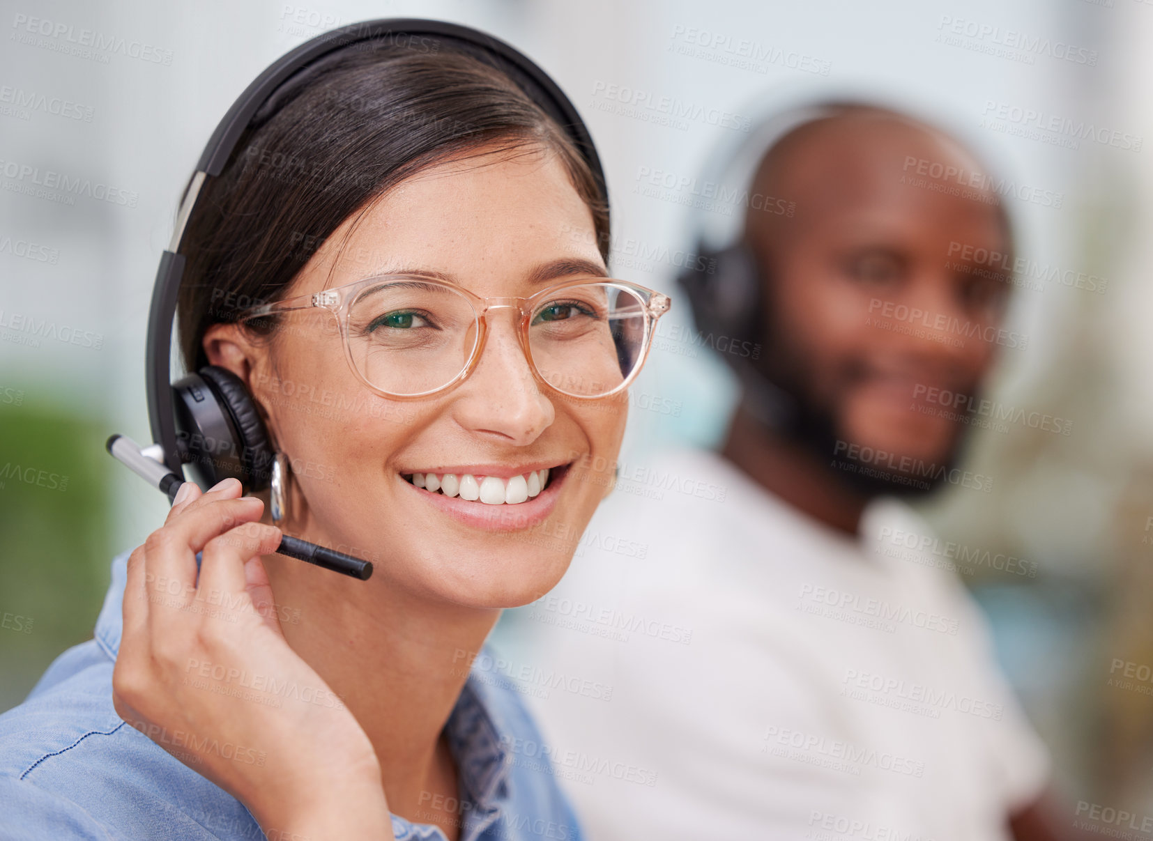 Buy stock photo Crm, portrait and woman employee with smile for customer service, help or telemarketing. Face, consultation and happiness of call center consultant with phone support and connect for agent consulting