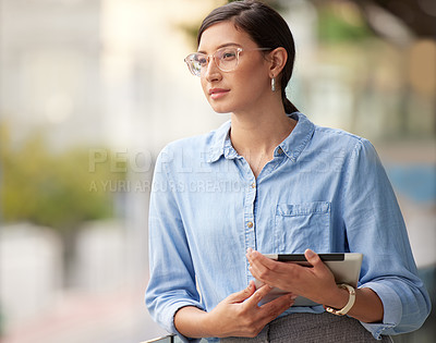 Buy stock photo Business woman, thinking and tablet for planning, internet and research for idea outside. Technology, project and social media manager for online web design, creative and inspiration in workplace