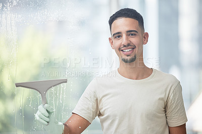 Buy stock photo Portrait, happy man and cleaning window on day of for household, hygiene and chores on blurred background. Face, smile and male person with glass cleaner washing surface of his house on the weekend