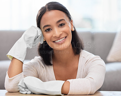 Buy stock photo Woman, cleaner and portrait with gloves in home for housework, spring cleaning and housekeeping. Person, face and happy with protection for dirt, dust or safety for domestic chores in living room