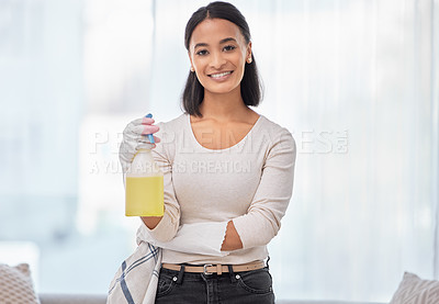 Buy stock photo Bottle, portrait and woman in home for spring cleaning or housework for daily routine, hygiene and housekeeping. Girl, happy and chemical detergent with cloth for disinfecting and house maintenance