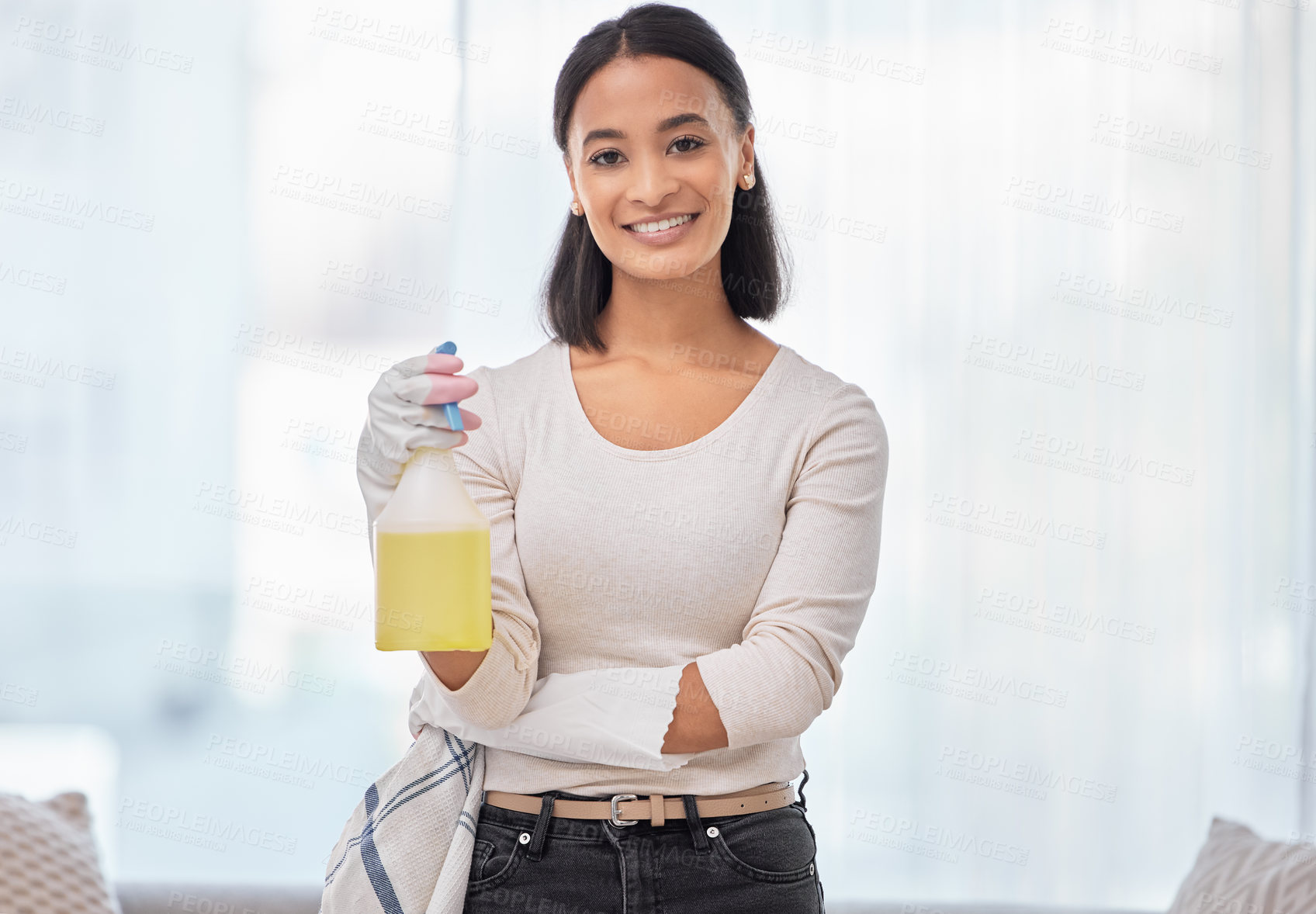 Buy stock photo Bottle, portrait and woman in home for spring cleaning or housework for daily routine, hygiene and housekeeping. Girl, happy and chemical detergent with cloth for disinfecting and house maintenance