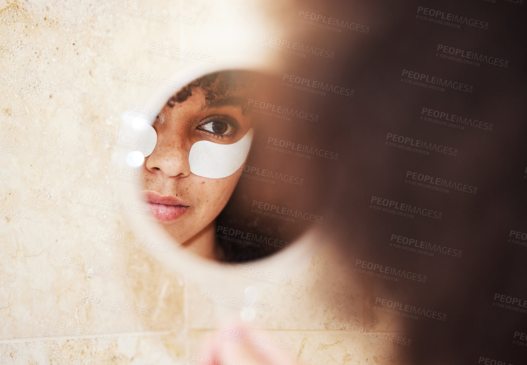 Buy stock photo Undereye patches, skincare and mirror of woman, beauty and routine in morning, dark circles and facial. Treatment, grooming and cleansing of skin, proud and reflection of person and aesthetic of eye