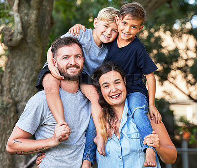 Buy stock photo Portrait, mother and father with kids in bonding as family in outdoor for together, happy and cheerful for fun. Parents, children and hug with boys in garden at home for connection, love and support