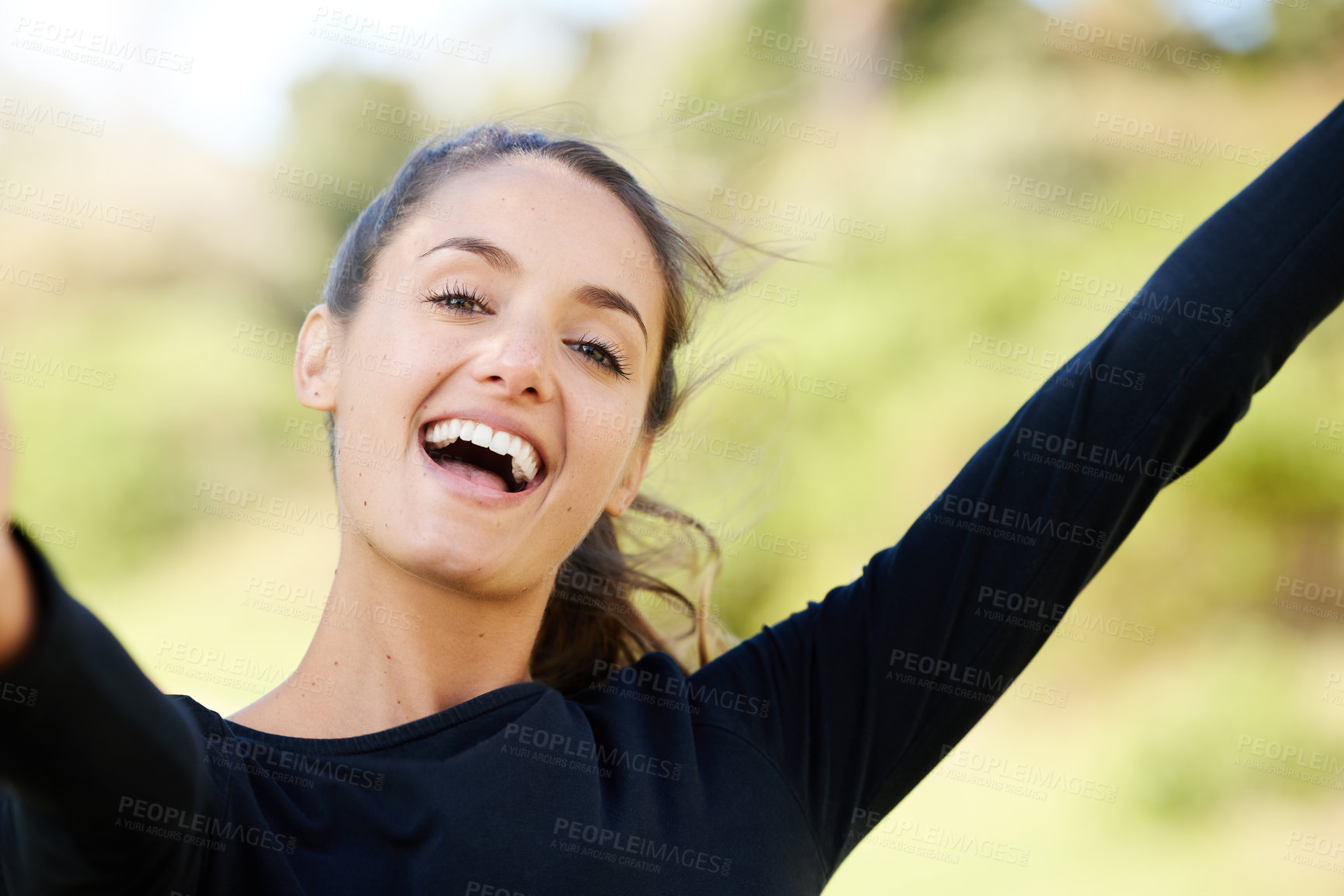 Buy stock photo Excited, fitness and portrait of woman in nature for running workout with race or marathon training. Happy, freedom and female athlete runner with cardio exercise for sports in outdoor park or garden