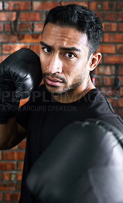 Buy stock photo Portrait, man and exercise with boxer athlete, serious and training for combat sport with fighting with gloves. Fist, mma match or workout, energy for performance goal and strong or cardio power