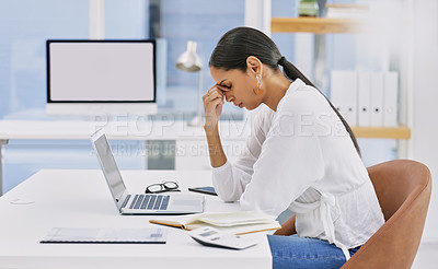 Buy stock photo Business, woman and headache by desk with burnout in office with laptop, overworked or brain fog. Professional, employee and migraine by workspace with exhausted, stress or mental health in workplace