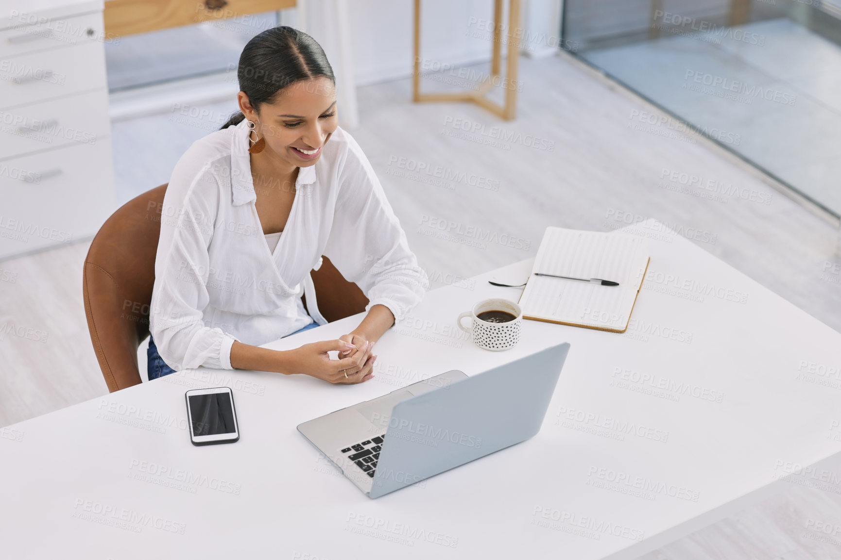 Buy stock photo Business, woman or video call on laptop by desk with communication, networking or feedback meeting. Top view, professional and employee or happy with online conference, planning or seminar in office 