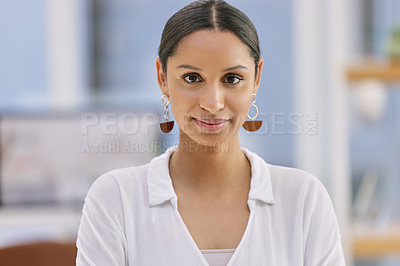 Buy stock photo Business, woman and portrait or smile in office with confidence, pride for corporate career and startup. Professional, employee and happy entrepreneur for internship at creative agency or workplace 