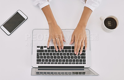 Buy stock photo Above, hands and typing with laptop in office for research, writing or editing for digital newsletter. Journalist, writer or person with computer, click and lead for investigation, story or magazine