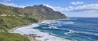 Buy stock photo A photo mountains, coast and ocean from Shapmanns Peak, with Hout Bay in the background. Close to Cape Town