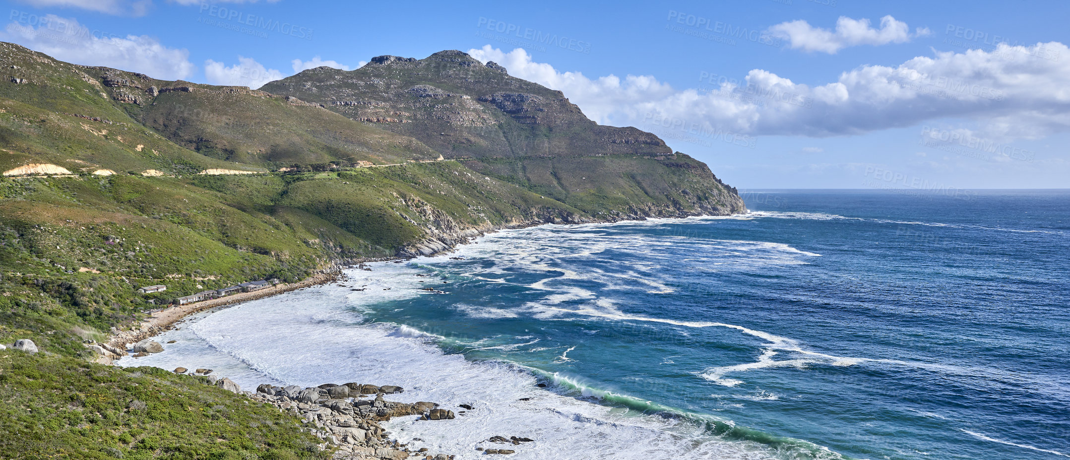 Buy stock photo A photo mountains, coast and ocean from Shapmanns Peak, with Hout Bay in the background. Close to Cape Town