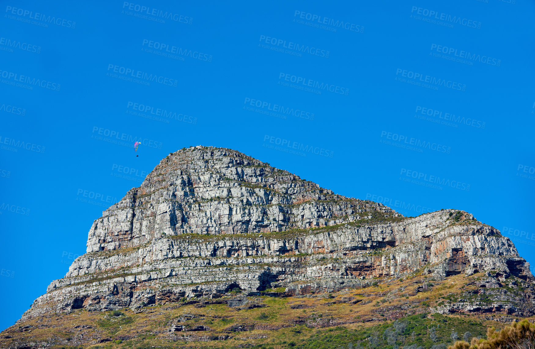 Buy stock photo Beautiful Lions Head mountain in Cape Town, South Africa on a relaxed bright sunny day out in nature. Close up detail of landscape view of rocky mountain and a blue sky with copy space during summer