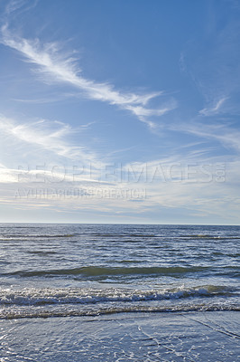 Buy stock photo Beach and coast in calm weather - Beach, sunshine and clouds