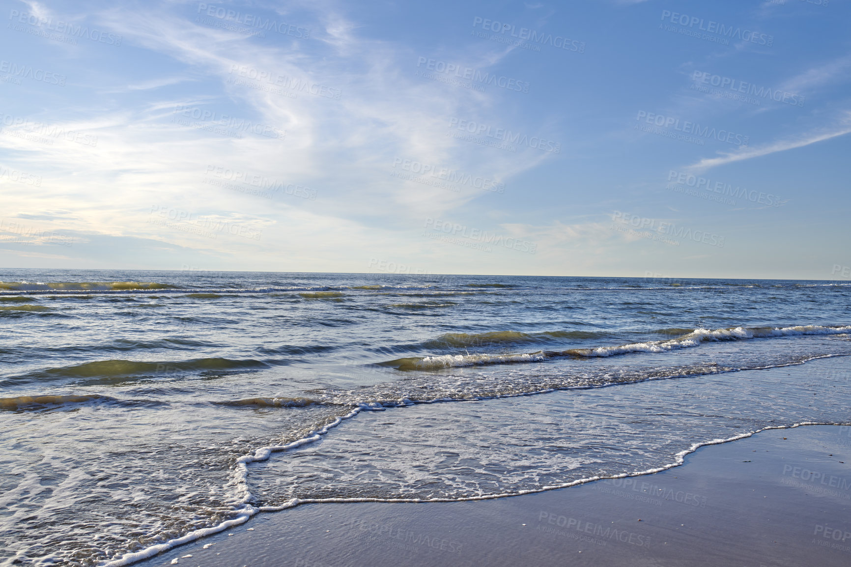 Buy stock photo Sky, waves and landscape of beach in nature for summer holiday, travel destination and scenery. Empty, ocean and natural environment with seaside view for getaway trip, coastline horizon and tourism